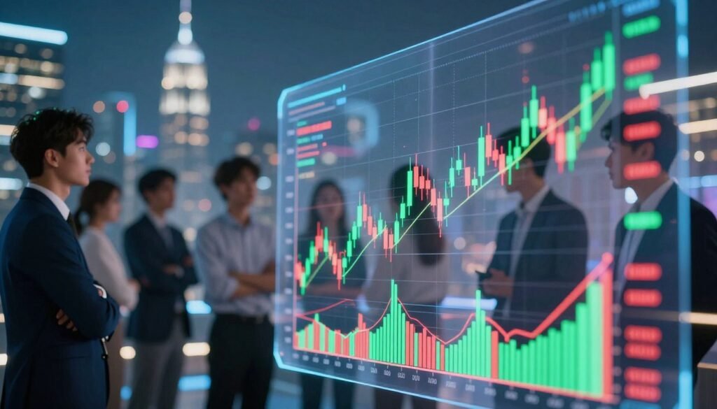 A futuristic abstract representation of crypto trading volume, featuring a sleek digital interface with pulsating graphs and colorful candlestick charts. In the foreground, a transparent holographic display showcases fluctuating trading volume indicators, glowing with vibrant green and red hues to signify high activity. The middle layer includes a blurred audience of professionals in business attire, observing the trends, while the background displays a city skyline illuminated by neon lights, representing the bustling nature of crypto markets. The overall lighting is bright yet dynamic, with a focus on the charts, creating an energetic and informed atmosphere that emphasizes the importance of volume and volatility in trading. The image captures a sense of urgency and sophistication, with a lens perspective that draws the viewer into the action. A futuristic abstract representation of crypto trading volume, featuring a sleek digital interface with pulsating graphs and colorful candlestick charts. In the foreground, a transparent holographic display showcases fluctuating trading volume indicators, glowing with vibrant green and red hues to signify high activity. The middle layer includes a blurred audience of professionals in business attire, observing the trends, while the background displays a city skyline illuminated by neon lights, representing the bustling nature of crypto markets. The overall lighting is bright yet dynamic, with a focus on the charts, creating an energetic and informed atmosphere that emphasizes the importance of volume and volatility in trading. The image captures a sense of urgency and sophistication, with a lens perspective that draws the viewer into the action.