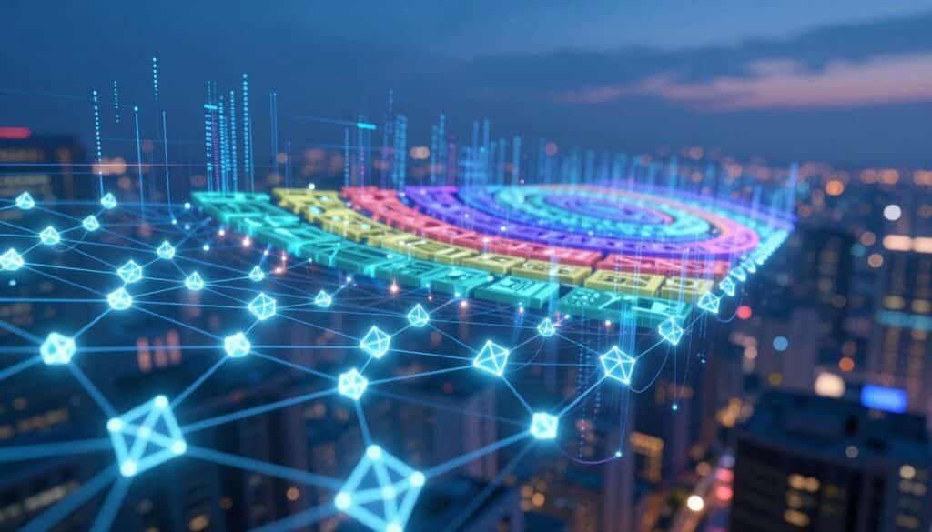 A futuristic blockchain network visualized in a dynamic representation. In the foreground, interconnected nodes forming bright, glowing geometric shapes symbolize blockchain transactions. The middle layer features a stylized sharding effect, where segments of the network are displayed in varying colors to represent scalability challenges. In the background, a city skyline is faintly visible, under a deep blue twilight sky, with digital data streams flowing like light trails through the structures, highlighting the concept of interconnectedness. The scene is illuminated with soft neon lights, conveying a tech-savvy atmosphere. The camera angle is slightly tilted to give a sense of depth and motion, emphasizing the complexity and expanding nature of blockchain technology.