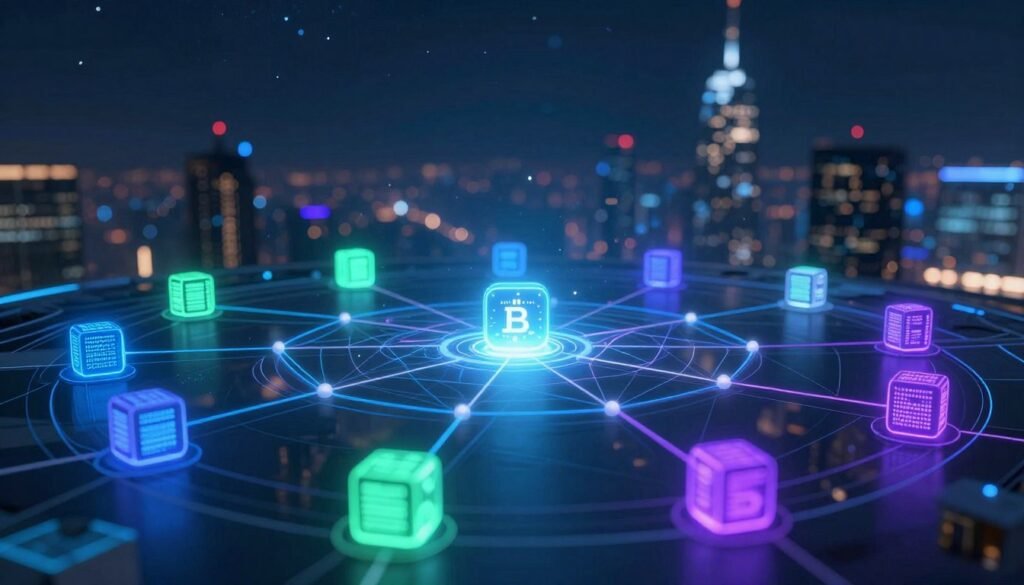 A futuristic blockchain network visualized in a vibrant, interconnected web of nodes and lines representing data blocks. In the foreground, glowing nodes pulse with activity, showcasing digital transactions in various colors—blue, green, and purple—each representing a secure data transfer. The middle layer features translucent layers of networks interconnecting, with a focus on the central node symbolizing the voting process. In the background, a digital cityscape illuminated by a night sky filled with stars, highlighting the advanced technological atmosphere of a blockchain ecosystem. Employ dramatic lighting to create depth, with a soft focus on the background for a sleek, modern look. This image should evoke a sense of innovation and clarity, emphasizing the foundational aspects of blockchain technology. A futuristic blockchain network visualized in a vibrant, interconnected web of nodes and lines representing data blocks. In the foreground, glowing nodes pulse with activity, showcasing digital transactions in various colors—blue, green, and purple—each representing a secure data transfer. The middle layer features translucent layers of networks interconnecting, with a focus on the central node symbolizing the voting process. In the background, a digital cityscape illuminated by a night sky filled with stars, highlighting the advanced technological atmosphere of a blockchain ecosystem. Employ dramatic lighting to create depth, with a soft focus on the background for a sleek, modern look. This image should evoke a sense of innovation and clarity, emphasizing the foundational aspects of blockchain technology.
