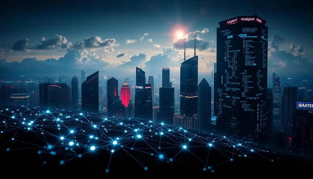 A futuristic city skyline showcasing Layer 1 blockchain scaling in action. In the foreground, a digital representation of a Layer 1 blockchain with glowing nodes and intricate connections, symbolizing transactions and data flow. In the middle ground, several towering skyscrapers with virtual displays, illustrating dynamic data and processing power, reflecting innovation and technology. The background features a night sky lit by neon lights, with clouds of data swirling above, symbolizing the movement and growth of blockchain technology. Use dramatic chiaroscuro lighting to create depth, with a slight lens flare effect that emphasizes the high-tech atmosphere. The mood is one of progress and excitement, encapsulating the essence of blockchain scalability.