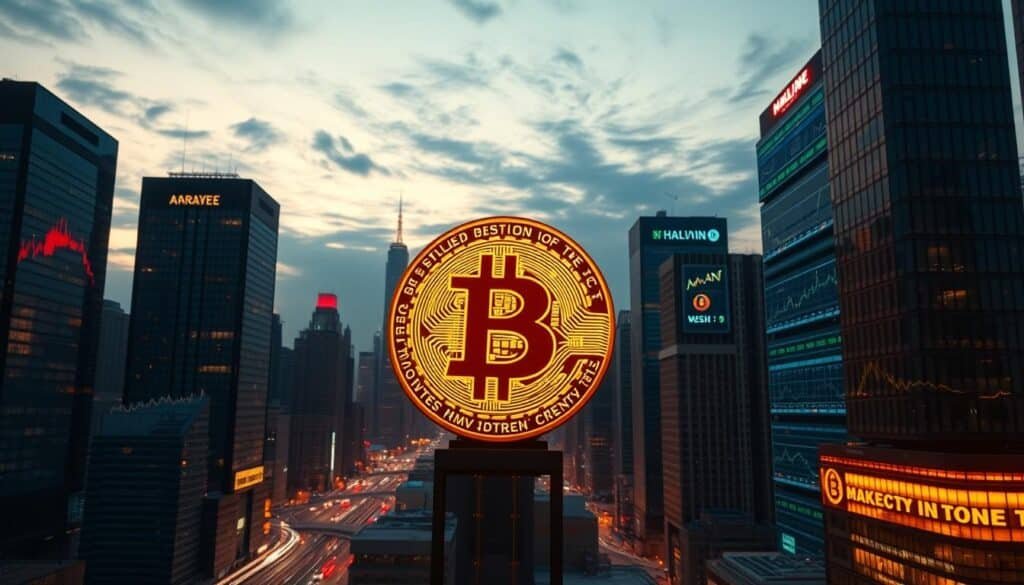 A futuristic cityscape at dusk, showcasing a large, glowing Bitcoin logo prominently in the foreground, constructed of intricate digital circuits and golden hues. In the middle ground, stylized skyscrapers display holographic charts depicting cryptocurrency trends and halving events. The background is filled with a dramatic skyline, illuminated by neon lights and a twilight sky filled with swirling clouds. The scene captures a dynamic atmosphere of innovation and excitement, with hints of motion suggesting market activity. Soft, ambient lighting emanates from the Bitcoin logo, casting a warm glow on nearby buildings. The perspective is slightly elevated, creating an engaging depth to the composition. Overall, the image conveys a sense of progress and anticipation surrounding cryptocurrency halving events.