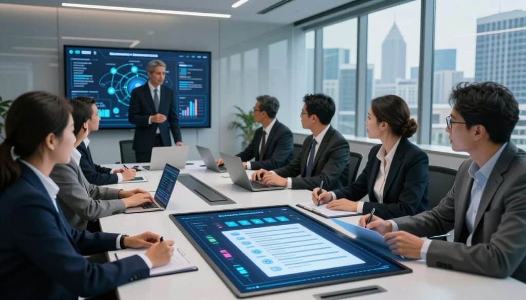 A futuristic conference room filled with diverse professionals dressed in smart business attire, engaged in a collaborative discussion about blockchain governance. In the foreground, a digital touchscreen table displays an interactive smart contract interface, displaying various voting options and proposal summaries. The middle ground shows team members analyzing data visualizations and charts displayed on screens, representing decision-making processes. In the background, a large window showcases a modern city skyline, symbolizing progress and innovation. Soft, ambient lighting creates a professional yet inviting atmosphere, enhancing the focus on teamwork and technology. The camera angle is slightly elevated, capturing a dynamic view of collaboration in action, emphasizing unity in governance powered by AI technology.