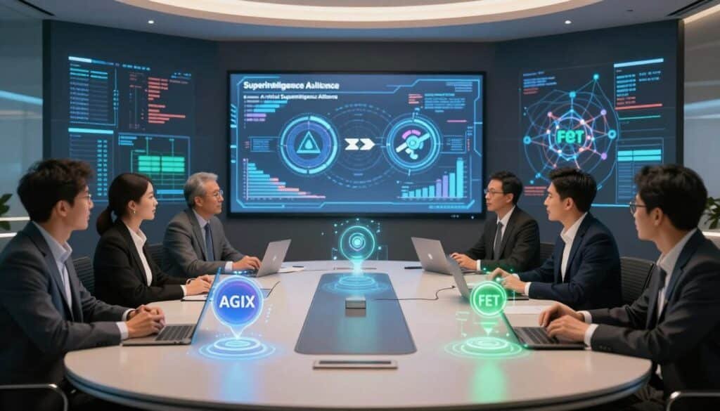 A futuristic conference room with a large round table at the center, surrounded by diverse professionals in business attire discussing artificial superintelligence. In the foreground, holographic displays of AGIX and FET tokens float above the table, illuminated by soft blue and green lights. In the middle, a large transparent screen showcases graphs and diagrams illustrating the merger between the Superintelligence Alliance and the Artificial Superintelligence Alliance. The background features a wall of digital screens with flowing data streams and interconnected networks, creating a high-tech atmosphere. The overall mood is collaborative and optimistic, with a warm ambient light adding an inspiring touch to the environment.