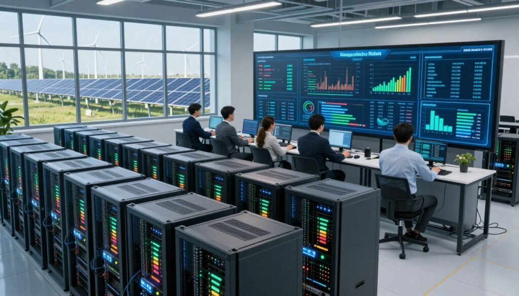 A futuristic data center focused on energy management for AI crypto mining. In the foreground, advanced mining rigs are neatly arranged, featuring glowing indicators showing energy efficiency. The middle ground showcases a diverse team of professionals in business attire, analyzing data on large transparent screens displaying energy usage statistics. The background reveals solar panels and wind turbines outside large windows, emphasizing renewable energy sources. The lighting is bright and clean, with a technological blue and green color palette reflecting an eco-friendly atmosphere. The angle captures a wide view of the entire space, highlighting innovation and efficiency, creating a sense of optimism about sustainable energy solutions in crypto mining.