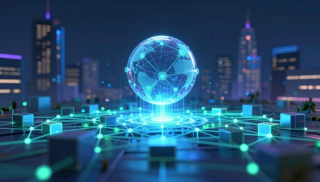 A futuristic digital landscape depicting blockchain technology. In the foreground, a glowing blue and green network of interconnected blocks and nodes, representing data flow, appears vibrant and intricate. In the middle, a semi-transparent sphere illustrates the complexity of oracle connectivity, linking the blockchain to external data sources, with streams of light representing data inputs. The background features a dimly lit city skyline with subtle digital elements, creating a tech-savvy atmosphere. Soft blue and purple lighting enhances the scene, suggesting innovation and uncertainty. A low-angle perspective emphasizes the grandeur and depth of the technology, while maintaining a clean and professional composition devoid of any text or distractions.
