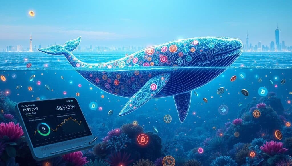 A futuristic digital landscape illustrating a "crypto whale," represented as a massive, intricately designed whale made of glowing blockchain patterns, swimming through an ocean of vibrant cryptocurrencies symbolized by colorful coins and tokens. In the foreground, include a sleek, modern tracking device displaying real-time data and analytics on market cap and wallet concentration. The middle ground features stylized underwater flora and shimmering light effects, creating a sense of depth and movement. The background shows a digital horizon with faint outlines of city skylines, representing the bustling cryptocurrency market. The atmosphere is dynamic and energetic, infused with a sense of wonder and innovation, while the lighting is bright yet soft, reminiscent of an immersive digital world.
