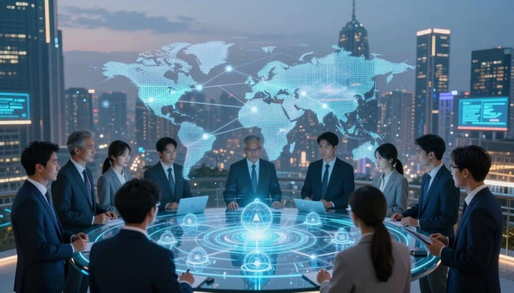 A futuristic digital landscape illustrating decentralized model training networks. In the foreground, a diverse group of professionals in business attire collaborates around a holographic interface displaying interconnected nodes representing AI models. The middle layer features a vibrant network of glowing lines and spheres, symbolizing data flow and connectivity across a global network. The background showcases a city skyline with high-tech buildings and digital billboards, bathed in a soft, blue twilight glow. Captivating lighting highlights the faces of the professionals, creating an atmosphere of innovation and collaboration. Use a wide-angle perspective to emphasize depth, with a focus on the interplay between technology and teamwork.