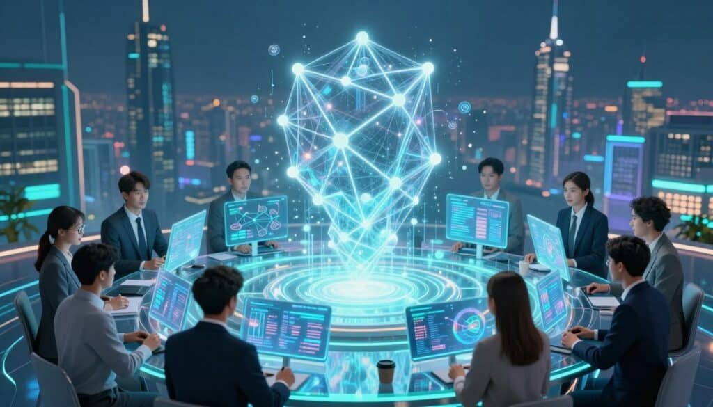 A futuristic digital landscape illustrating on-chain governance in blockchain technology. In the foreground, a diverse group of professionals in business attire engages around a transparent table filled with holographic interfaces displaying blockchain networks and governance metrics. In the middle, a large, luminous blockchain structure towers, symbolizing connectivity and transparency, with animated nodes pulsing with energy. In the background, a cityscape of advanced technology symbolizes innovation and progress, bathed in soft blue and green lighting to evoke a sense of trust and collaboration. The overall atmosphere is inspiring and dynamic, showcasing the potential of on-chain governance in shaping the future of blockchain. The composition is captured from a slightly elevated angle for a comprehensive view, using a wide lens to emphasize the vibrant details.