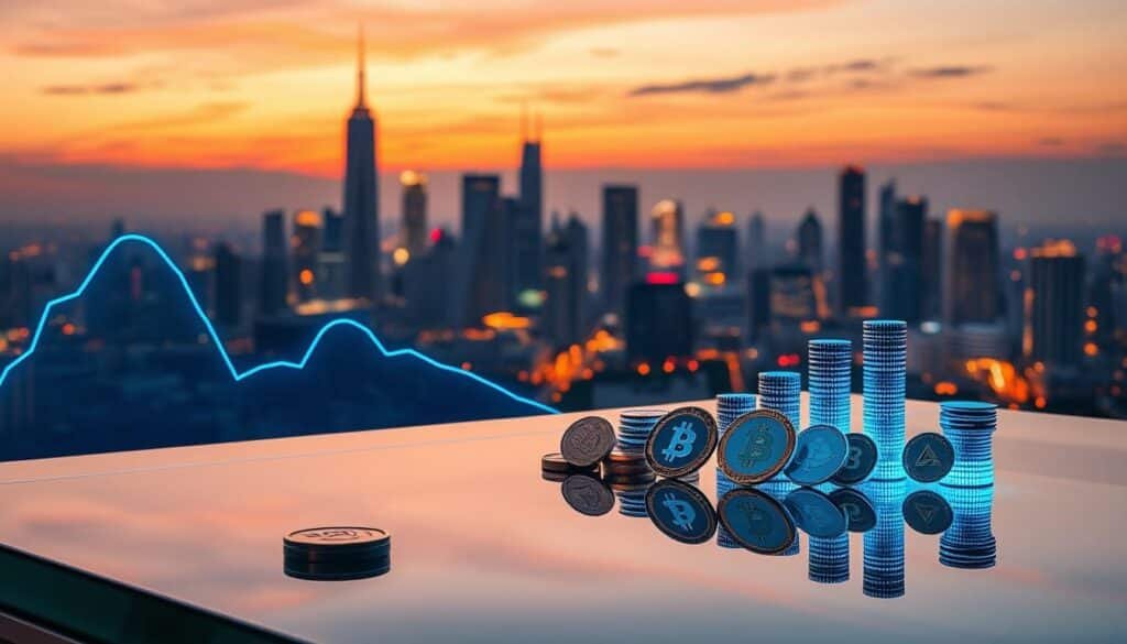 A futuristic digital landscape illustrating the concept of "market cap." In the foreground, a sleek, transparent chart displays rising cryptocurrency values, with low-cap coins highlighted in a vibrant blue glow. The middle ground features stylized physical tokens representing different low-cap cryptocurrencies, artfully arranged on a polished glass table. In the background, a city skyline at sunset gives a glimpse of a thriving tech hub, illuminated by neon lights. The lighting is warm and inviting, creating a hopeful atmosphere. Use a wide-angle lens to capture the depth of the scene, emphasizing the contrast between the colorful tokens and the sophisticated cityscape. The mood is optimistic and futuristic, reflecting the potential growth of low-cap cryptocurrencies in 2025. A futuristic digital landscape illustrating the concept of "market cap." In the foreground, a sleek, transparent chart displays rising cryptocurrency values, with low-cap coins highlighted in a vibrant blue glow. The middle ground features stylized physical tokens representing different low-cap cryptocurrencies, artfully arranged on a polished glass table. In the background, a city skyline at sunset gives a glimpse of a thriving tech hub, illuminated by neon lights. The lighting is warm and inviting, creating a hopeful atmosphere. Use a wide-angle lens to capture the depth of the scene, emphasizing the contrast between the colorful tokens and the sophisticated cityscape. The mood is optimistic and futuristic, reflecting the potential growth of low-cap cryptocurrencies in 2025.