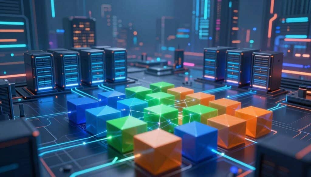 A futuristic digital landscape illustrating the concept of sharding in blockchain technology. In the foreground, fragmented geometric shapes represent blocks of data, vividly colored in blue, green, and orange, interconnected by glowing lines resembling digital pathways. The middle layer features stylized server units or nodes, arranged in clusters, demonstrating the efficiency and distribution of processing power. In the background, a sleek, cyberpunk city skyline is subtly illuminated by neon lights, suggesting advanced technology. The lighting is sharp but ambient, creating a sense of depth and motion. The atmosphere is dynamic and innovative, capturing the essence of decentralized computing. Use a wide-angle lens to emphasize the expansive digital environment, maintaining a professional and modern aesthetic.