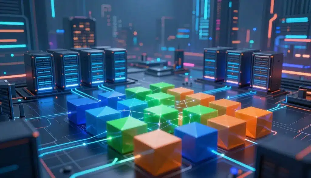 A futuristic digital landscape illustrating the concept of sharding in blockchain technology. In the foreground, fragmented geometric shapes represent blocks of data, vividly colored in blue, green, and orange, interconnected by glowing lines resembling digital pathways. The middle layer features stylized server units or nodes, arranged in clusters, demonstrating the efficiency and distribution of processing power. In the background, a sleek, cyberpunk city skyline is subtly illuminated by neon lights, suggesting advanced technology. The lighting is sharp but ambient, creating a sense of depth and motion. The atmosphere is dynamic and innovative, capturing the essence of decentralized computing. Use a wide-angle lens to emphasize the expansive digital environment, maintaining a professional and modern aesthetic. A futuristic digital landscape illustrating the concept of sharding in blockchain technology. In the foreground, fragmented geometric shapes represent blocks of data, vividly colored in blue, green, and orange, interconnected by glowing lines resembling digital pathways. The middle layer features stylized server units or nodes, arranged in clusters, demonstrating the efficiency and distribution of processing power. In the background, a sleek, cyberpunk city skyline is subtly illuminated by neon lights, suggesting advanced technology. The lighting is sharp but ambient, creating a sense of depth and motion. The atmosphere is dynamic and innovative, capturing the essence of decentralized computing. Use a wide-angle lens to emphasize the expansive digital environment, maintaining a professional and modern aesthetic.