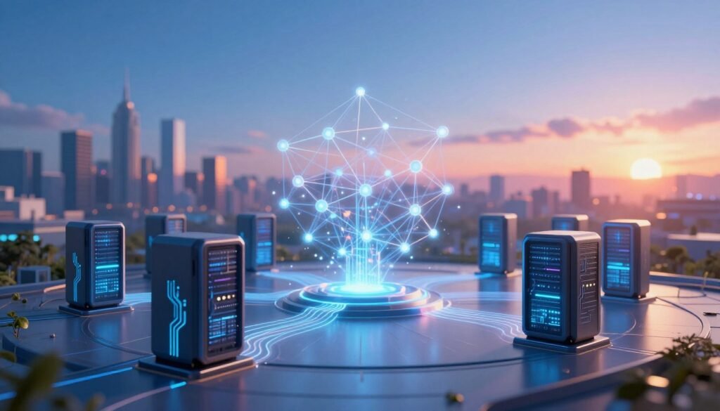 A futuristic, digital landscape illustrating the concept of validators' consensus in a decentralized AI network. In the foreground, sleek, modern servers with glowing circuits represent the validators, each surrounded by light trails symbolizing data flow and collaboration. In the middle ground, a transparent blockchain structure connects the servers, showcasing nodes pulsating with energy. The background features an abstract city skyline, with a clear blue sky transitioning to a vibrant sunset, evoking an atmosphere of innovation and harmony. Soft, dynamic lighting highlights the elements, and a slight depth of field brings focus to the foreground. The overall mood conveys a sense of unity and progress within a decentralized ecosystem.