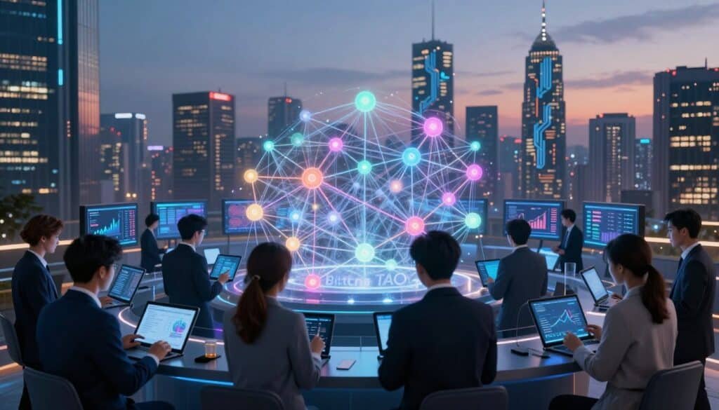 A futuristic digital landscape illustrating the "performance" of an AI network. In the foreground, a diverse group of professionals in business attire are analyzing data on sleek tablets and screens, showcasing various performance metrics and growth signals. In the middle ground, a transparent, glowing network of interconnected nodes symbolizes the decentralized intelligence of Bittensor (TAO), pulsing with vibrant colors. The background features a city skyline at dusk, with tall buildings adorned with glowing circuit-like patterns, representing technological advancement. Soft, ambient lighting enhances the professional atmosphere, while a dynamic perspective captures the energy of a thriving ecosystem ready for growth, conveying a sense of optimism and innovation in the digital age.