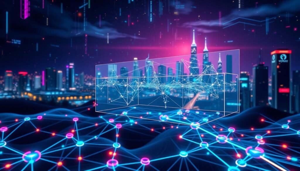 A futuristic digital landscape representing "Layer 1 vs Layer 2 Cryptocurrencies." In the foreground, depict a series of interconnected blockchain nodes, each designed with vibrant colors and complex geometrical shapes, symbolizing Layer 1. In the middle ground, illustrate a transparent overlay of a secondary network of smaller nodes and chains, representing Layer 2. The background features a high-tech city skyline under a night sky filled with digital data streams and holographic displays, providing a sense of depth. Use dramatic lighting with neon accents to create a dynamic atmosphere. Capture the scene from a slightly elevated angle to emphasize the layered networks, ensuring a visually striking representation of blockchain technology. A futuristic digital landscape representing "Layer 1 vs Layer 2 Cryptocurrencies." In the foreground, depict a series of interconnected blockchain nodes, each designed with vibrant colors and complex geometrical shapes, symbolizing Layer 1. In the middle ground, illustrate a transparent overlay of a secondary network of smaller nodes and chains, representing Layer 2. The background features a high-tech city skyline under a night sky filled with digital data streams and holographic displays, providing a sense of depth. Use dramatic lighting with neon accents to create a dynamic atmosphere. Capture the scene from a slightly elevated angle to emphasize the layered networks, ensuring a visually striking representation of blockchain technology.