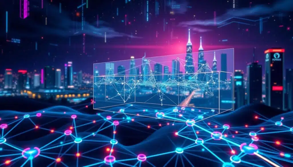 A futuristic digital landscape representing "Layer 1 vs Layer 2 Cryptocurrencies." In the foreground, depict a series of interconnected blockchain nodes, each designed with vibrant colors and complex geometrical shapes, symbolizing Layer 1. In the middle ground, illustrate a transparent overlay of a secondary network of smaller nodes and chains, representing Layer 2. The background features a high-tech city skyline under a night sky filled with digital data streams and holographic displays, providing a sense of depth. Use dramatic lighting with neon accents to create a dynamic atmosphere. Capture the scene from a slightly elevated angle to emphasize the layered networks, ensuring a visually striking representation of blockchain technology.