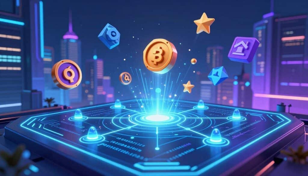 A futuristic digital landscape representing smart contracts in blockchain gaming. In the foreground, a holographic interface showcases glowing smart contract nodes connected by intricate lines of code, pulsating with energy. In the middle ground, stylized 3D tokens and NFTs are depicted as vibrant, floating geometric shapes, symbolizing ownership and transactions. The background features a sleek urban skyline with neon-lit buildings, representing a thriving digital ecosystem. The scene is illuminated by a cool blue and purple color palette, evoking an innovative and high-tech atmosphere. The perspective is from a low-angle view, enhancing the dynamic feel of the technology at play. The overall mood is one of excitement and possibility, reflecting the transformative nature of Web3 gaming. No text or watermarks are present. A futuristic digital landscape representing smart contracts in blockchain gaming. In the foreground, a holographic interface showcases glowing smart contract nodes connected by intricate lines of code, pulsating with energy. In the middle ground, stylized 3D tokens and NFTs are depicted as vibrant, floating geometric shapes, symbolizing ownership and transactions. The background features a sleek urban skyline with neon-lit buildings, representing a thriving digital ecosystem. The scene is illuminated by a cool blue and purple color palette, evoking an innovative and high-tech atmosphere. The perspective is from a low-angle view, enhancing the dynamic feel of the technology at play. The overall mood is one of excitement and possibility, reflecting the transformative nature of Web3 gaming. No text or watermarks are present.