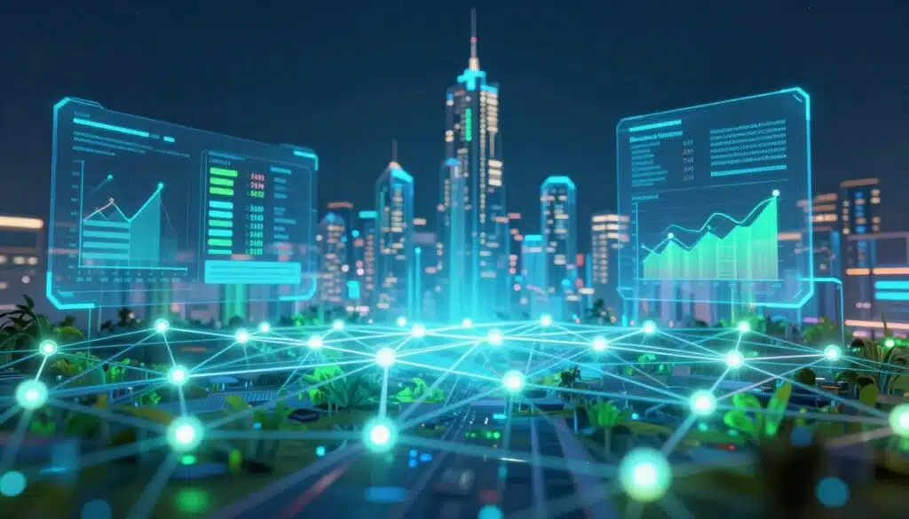 A futuristic digital landscape representing the concept of blockchain transaction speeds and throughput. In the foreground, a vibrant network of interconnected nodes and glowing lines symbolize data flow, showcasing the dynamic nature of transactions. The middle ground features transparent screens with animated graphs and metrics illustrating key factors like latency, block size, and network congestion. The background displays a city skyline made up of glowing, geometric shapes, suggesting technological advancement. Soft blue and green lighting enhances the sense of innovation, with light rays cascading through the scene, creating a high-tech ambiance. The overall atmosphere is energetic, informative, and visually engaging, perfect for illustrating complex blockchain dynamics in a professional context.
