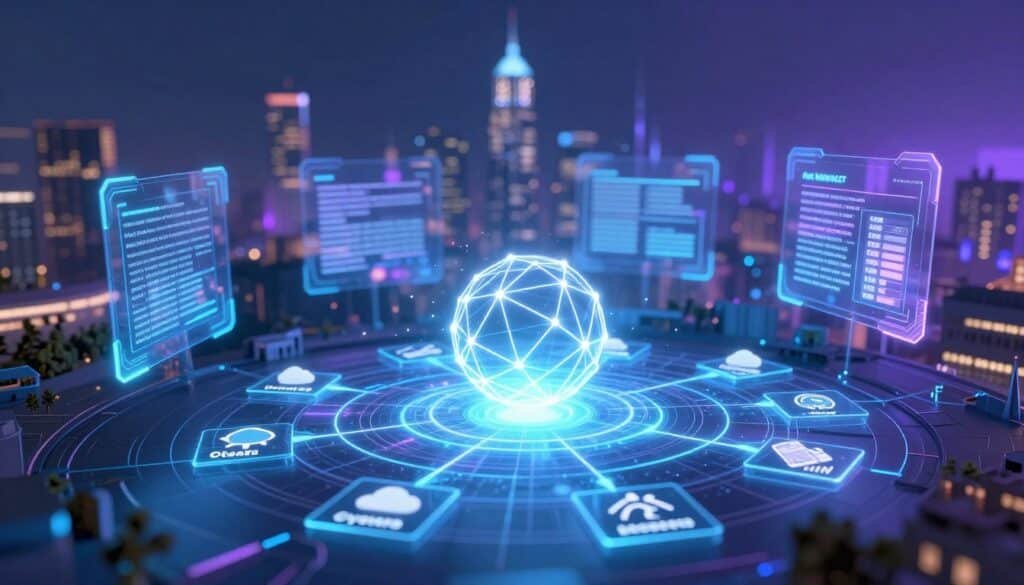 A futuristic digital landscape representing the concept of the Oracle Problem in smart contracts. In the foreground, a glowing blockchain grid connects various symbols of data sources like weather forecasts, stock prices, and news articles, surrounded by dynamic holographic projections. The middle ground features abstract representations of smart contracts, such as virtual agreements, shining with intricate blockchain patterns. In the background, an ethereal city skyline is bathed in soft blue and purple lighting, symbolizing technological advancement and innovation. The atmosphere is both professional and slightly mysterious, inviting viewers to explore the challenges of data accuracy in blockchain applications. The camera angle is slightly tilted upward, offering a perspective that showcases depth and complexity in this digital world.