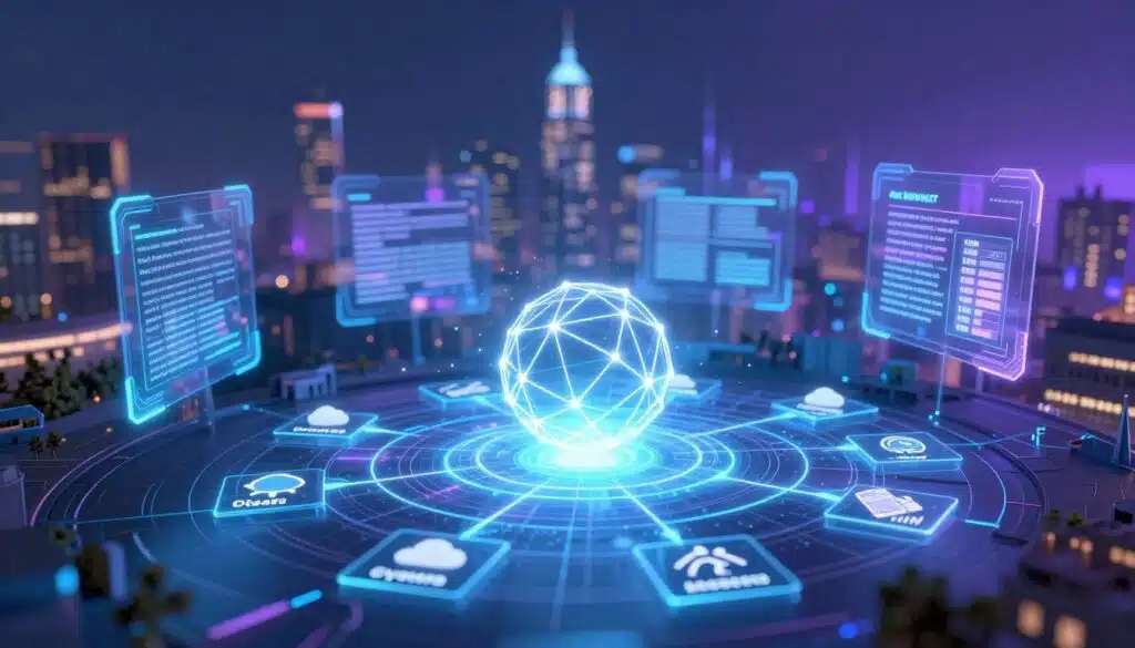 A futuristic digital landscape representing the concept of the Oracle Problem in smart contracts. In the foreground, a glowing blockchain grid connects various symbols of data sources like weather forecasts, stock prices, and news articles, surrounded by dynamic holographic projections. The middle ground features abstract representations of smart contracts, such as virtual agreements, shining with intricate blockchain patterns. In the background, an ethereal city skyline is bathed in soft blue and purple lighting, symbolizing technological advancement and innovation. The atmosphere is both professional and slightly mysterious, inviting viewers to explore the challenges of data accuracy in blockchain applications. The camera angle is slightly tilted upward, offering a perspective that showcases depth and complexity in this digital world.