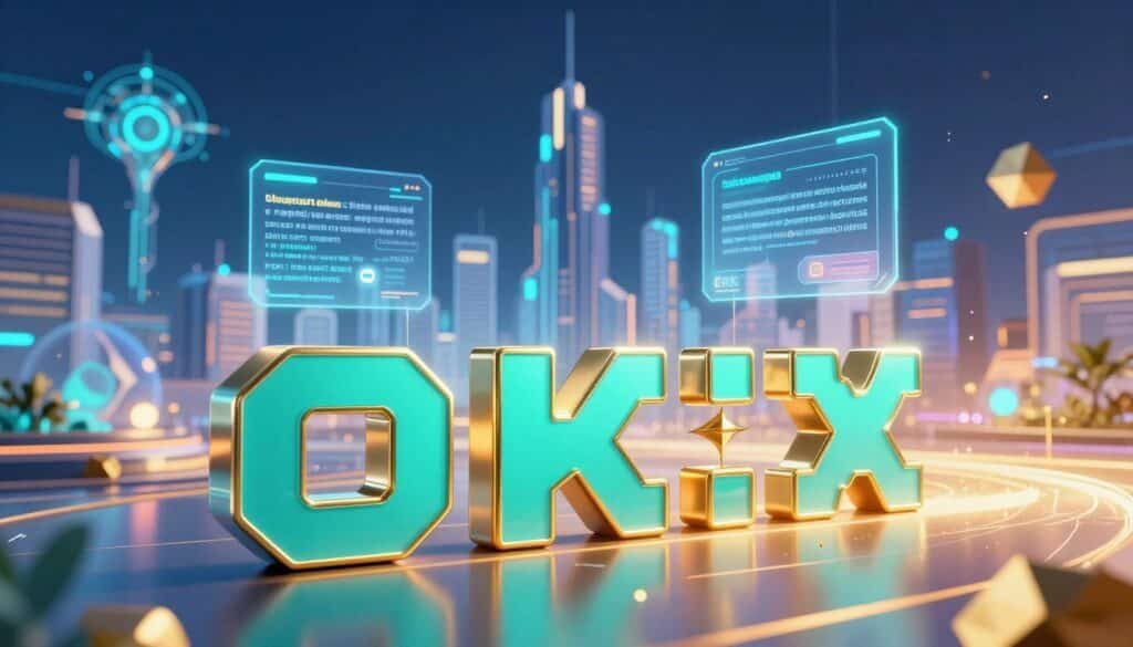 A futuristic, digital landscape showcasing "OKX Jumpstart tokens" prominently in the foreground, shimmering with vibrant colors like turquoise and gold, representing cryptocurrency. In the middle, sleek geometric shapes and holographic interfaces illustrate the concept of rule-based participation and token earnings. The background features a stylized skyline of a modern city with abstract digital trees and flowing data streams, creating a sense of innovation and technology. The scene is lit with a dynamic balance of cool blue and warm orange light, giving it an energetic, uplifting atmosphere. The angle is slightly upward, emphasizing the tokens and their significance in the emerging crypto landscape of 2025.