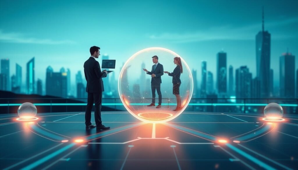 A futuristic digital landscape showcasing a commitment scheme in action. In the foreground, a stylized representation of a cryptographic commitment, illustrated as a glowing, semi-transparent sphere connected to two distinct paths symbolizing challenges. In the middle, virtual figures in professional business attire, engaged in a collaborative discussion, examining data on holographic interfaces. The background features a high-tech city skyline with subtle circuitry patterns glowing, reflecting the advanced technological context. Soft blue and green lighting sets a serene yet focused mood, enhancing the atmosphere of innovation and trust. Capture the scene from a slightly elevated angle to provide depth, highlighting the interplay between technology and collaboration in the realm of Zero Knowledge Proofs.