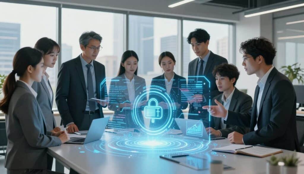 A futuristic digital landscape showcasing a smart contract on a glowing holographic screen in the foreground, with intricate blockchain code and cryptographic symbols visible. In the middle ground, a diverse group of professionals in business attire collaboratively discussing the smart contract, their expressions focused and engaged. The background features a sleek office environment with large windows revealing a vibrant city skyline, bathed in soft, natural daylight creating an inspiring atmosphere. The image employs a wide angle lens to capture the entire scene, offering a sense of depth and perspective, emphasizing the importance of smart contracts in blockchain development. The mood is innovative and collaborative, reflecting the cutting-edge nature of technology.