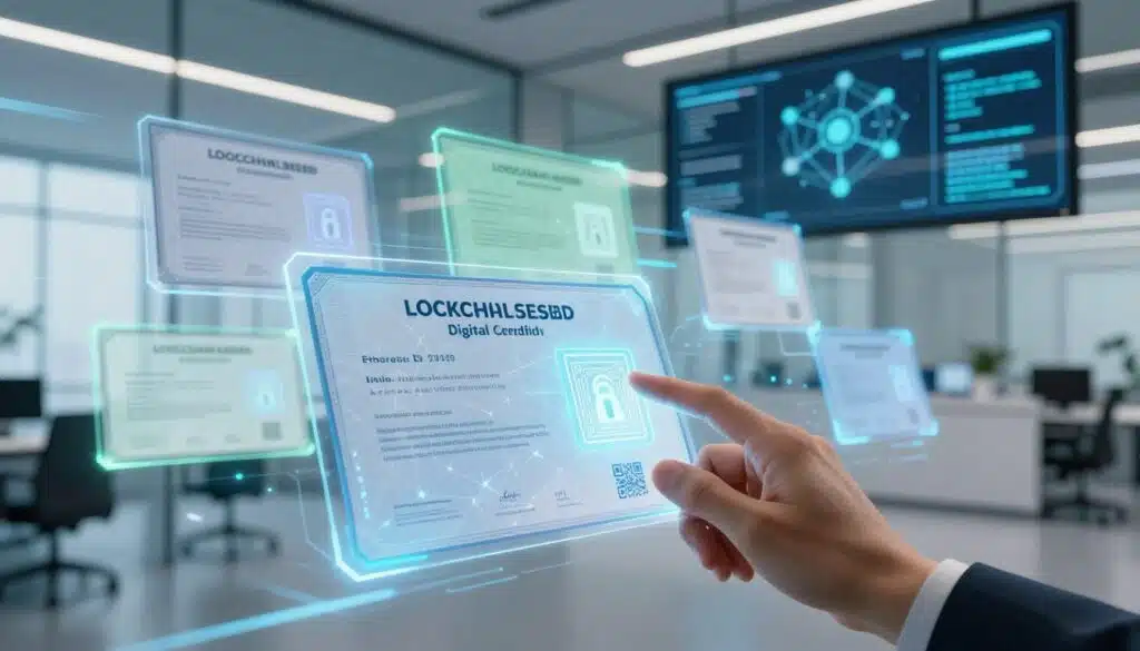 A futuristic digital landscape showcasing blockchain-based digital credentials as sleek, holographic certificates. In the foreground, a hand interacts with a floating, transparent certificate displaying intricate geometric patterns and glowing secure QR codes. The middle ground features an organized array of various digital certificates, illuminated with soft blue and green lights, conveying a sense of innovation and security. In the background, a high-tech office space with walls made of glass and digital displays showcasing blockchain networks and code, creating an atmosphere of professionalism and advanced technology. The lighting is bright but diffused, casting soft reflections, and the angle is slightly tilted upwards to emphasize the significance of these digital credentials in today's world. The mood is optimistic and forward-looking, merging technology with the idea of trust and validation. A futuristic digital landscape showcasing blockchain-based digital credentials as sleek, holographic certificates. In the foreground, a hand interacts with a floating, transparent certificate displaying intricate geometric patterns and glowing secure QR codes. The middle ground features an organized array of various digital certificates, illuminated with soft blue and green lights, conveying a sense of innovation and security. In the background, a high-tech office space with walls made of glass and digital displays showcasing blockchain networks and code, creating an atmosphere of professionalism and advanced technology. The lighting is bright but diffused, casting soft reflections, and the angle is slightly tilted upwards to emphasize the significance of these digital credentials in today's world. The mood is optimistic and forward-looking, merging technology with the idea of trust and validation.
