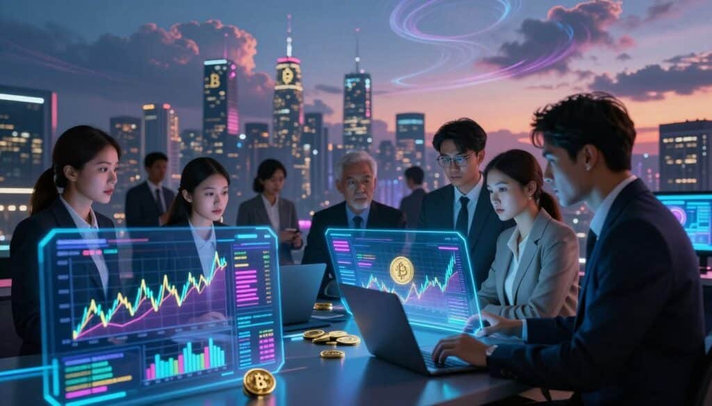 A futuristic digital landscape showcasing the concept of market capitalization in the context of meme coins. In the foreground, visualize a modern digital dashboard with graphs and charts representing fluctuating market cap, trading volume, and volatility, rendered with glowing neon colors. In the middle ground, depict a group of diverse professionals in business attire, analyzing data on holographic displays, focused and engaged in discussion. In the background, illustrate a stylized city skyline with cryptocurrency symbols subtly integrated into the architecture, under a twilight sky filled with dynamic, swirling clouds. The lighting should be dramatic, emphasizing the digital era's vibrancy and innovation, creating a mood of anticipation and curiosity about the future of meme coins. A futuristic digital landscape showcasing the concept of market capitalization in the context of meme coins. In the foreground, visualize a modern digital dashboard with graphs and charts representing fluctuating market cap, trading volume, and volatility, rendered with glowing neon colors. In the middle ground, depict a group of diverse professionals in business attire, analyzing data on holographic displays, focused and engaged in discussion. In the background, illustrate a stylized city skyline with cryptocurrency symbols subtly integrated into the architecture, under a twilight sky filled with dynamic, swirling clouds. The lighting should be dramatic, emphasizing the digital era's vibrancy and innovation, creating a mood of anticipation and curiosity about the future of meme coins.