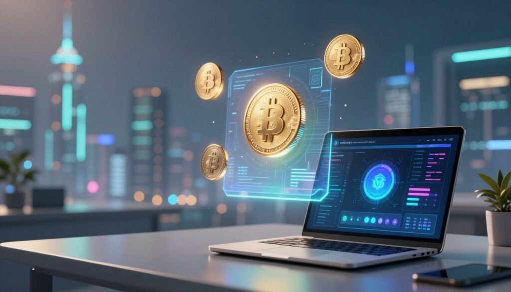 A futuristic digital landscape showcasing upcoming AI airdrops and points programs. In the foreground, a sleek modern workspace features a laptop displaying colorful charts and cryptocurrency icons, symbolizing different airdrop opportunities. The middle ground displays holographic images of coins and tokens floating above a transparent surface, with a gentle glow to emphasize anticipation. The background features a tech-inspired skyline illuminated by soft blue and green lights, representing innovation and advancement. Use balanced, diffused lighting to create an inviting atmosphere, with a slight lens flare to suggest optimism and potential. The scene is dynamic yet professional, evoking excitement around emerging trends in the crypto space.