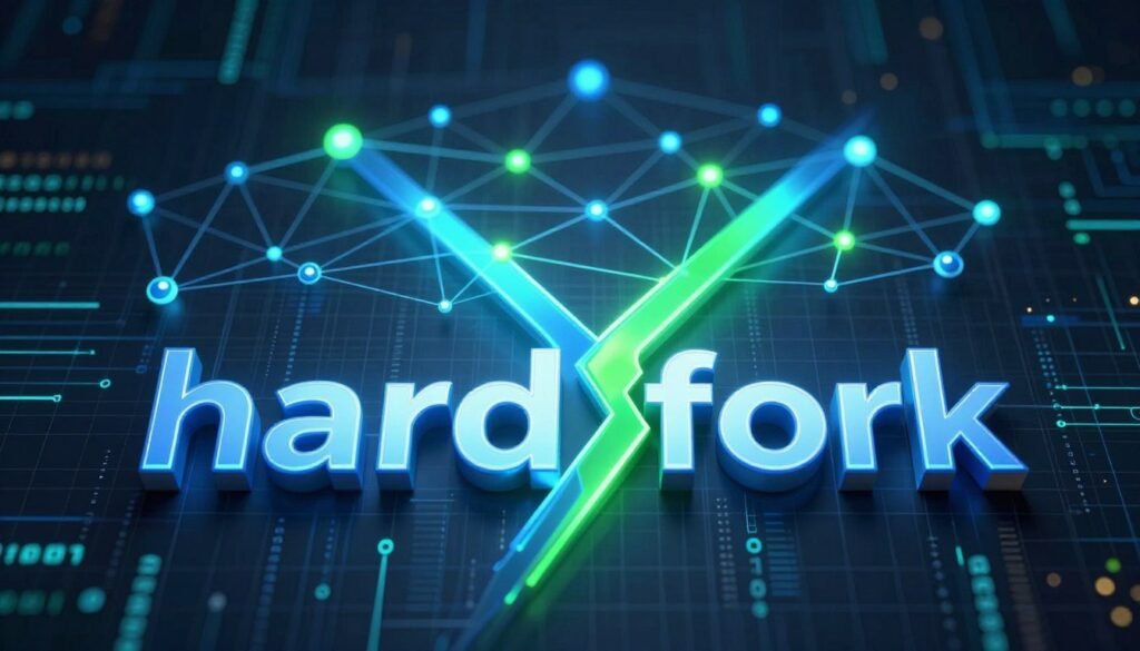 A futuristic digital representation of a "hard fork" in a blockchain network. In the foreground, show a large, stylized, split blockchain, with vibrant blue and green lines diverging in different directions, symbolizing the distinct paths taken after a hard fork. In the middle ground, depict nodes and interconnected networks radiating outward, emphasizing the technical complexity of the blockchain system. The background features a dark, abstract network grid with glowing binary code and circuit patterns, creating a sense of depth and technology. Use dramatic lighting to highlight the fork, casting soft shadows to evoke a sense of innovation and change. The overall atmosphere should convey a blend of modernity and complexity, making the concept of a hard fork visually engaging and impactful.