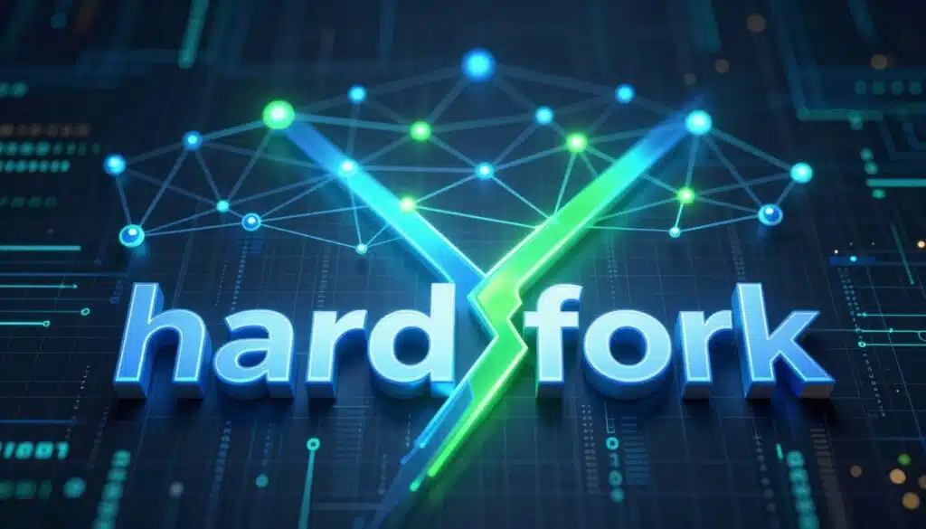 A futuristic digital representation of a "hard fork" in a blockchain network. In the foreground, show a large, stylized, split blockchain, with vibrant blue and green lines diverging in different directions, symbolizing the distinct paths taken after a hard fork. In the middle ground, depict nodes and interconnected networks radiating outward, emphasizing the technical complexity of the blockchain system. The background features a dark, abstract network grid with glowing binary code and circuit patterns, creating a sense of depth and technology. Use dramatic lighting to highlight the fork, casting soft shadows to evoke a sense of innovation and change. The overall atmosphere should convey a blend of modernity and complexity, making the concept of a hard fork visually engaging and impactful.