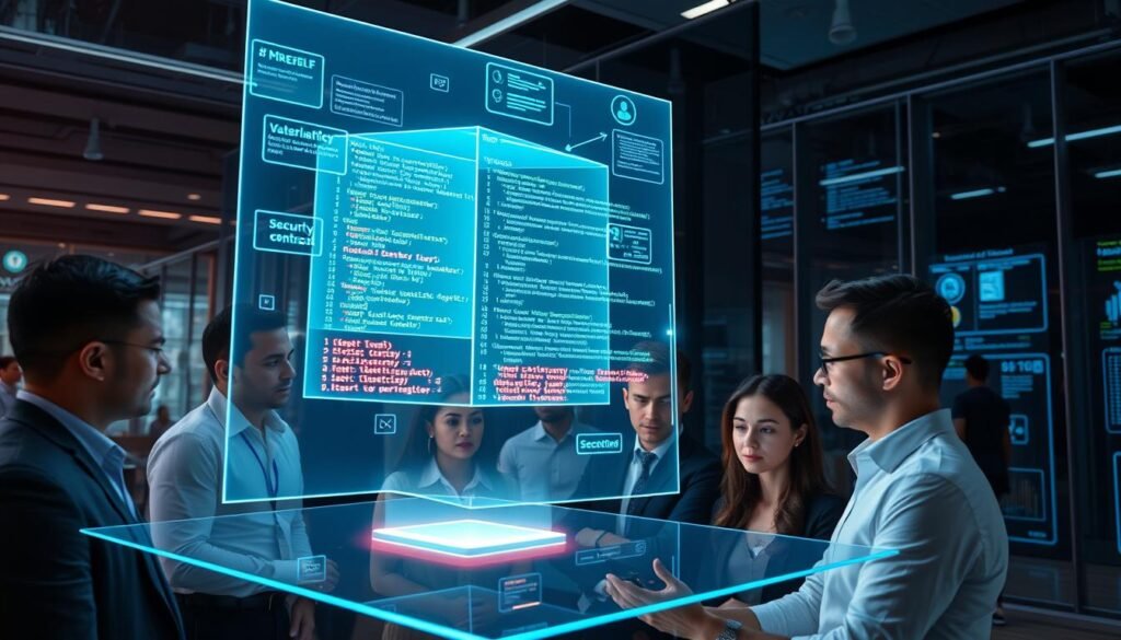A futuristic digital workspace, focusing on a sleek, holographic display depicting smart contract vulnerabilities. In the foreground, a diverse group of professionals in business attire are intently analyzing a 3D representation of a blockchain with highlighted weaknesses, such as reentrancy and logic flaws. The middle layer features complex code snippets and security audit reports floating around them, illuminated with a neon blue and green glow, reflecting the technical nature of blockchain technology. The background showcases a modern office with dark glass walls, filled with digital screens displaying cybersecurity alerts and analytics. The overall mood is tense yet focused, underscoring the urgency of addressing security threats in the world of smart contracts. The lighting is soft yet dramatic, creating an ambient effect, emphasizing the high-tech environment. A futuristic digital workspace, focusing on a sleek, holographic display depicting smart contract vulnerabilities. In the foreground, a diverse group of professionals in business attire are intently analyzing a 3D representation of a blockchain with highlighted weaknesses, such as reentrancy and logic flaws. The middle layer features complex code snippets and security audit reports floating around them, illuminated with a neon blue and green glow, reflecting the technical nature of blockchain technology. The background showcases a modern office with dark glass walls, filled with digital screens displaying cybersecurity alerts and analytics. The overall mood is tense yet focused, underscoring the urgency of addressing security threats in the world of smart contracts. The lighting is soft yet dramatic, creating an ambient effect, emphasizing the high-tech environment.
