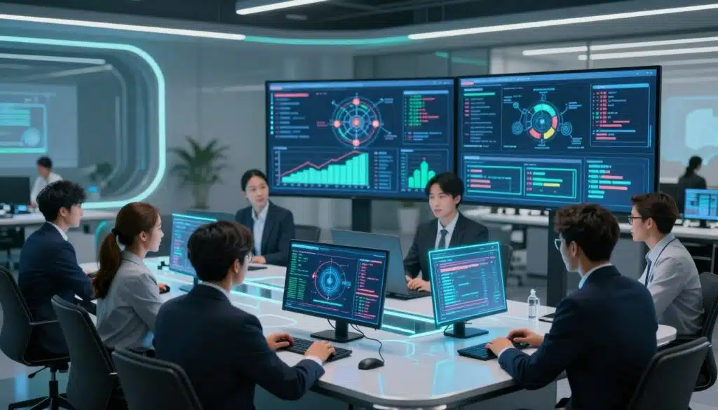 A futuristic digital workspace showcasing proof of stake validators in action. In the foreground, a diverse group of professionals in business attire, collaborating around a sleek, high-tech table with holographic displays showing transaction data and blockchain metrics. The middle ground features imposing screens filled with animated graphs and validation processes, emphasizing their role in confirming transactions. The background reveals a modern, tech-inspired office environment with soft blue and green lighting, casting a serene and focused atmosphere. Use a wide-angle lens to capture the team's collaboration and the vibrant screens, while maintaining a bright and optimistic mood, symbolizing innovation and teamwork in blockchain technology.
