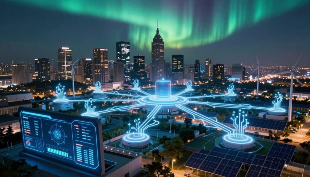 A futuristic energy consumption network scene, showcasing interconnected blockchain nodes represented by glowing circuit-like structures. In the foreground, a sleek digital dashboard displays real-time energy metrics and data analytics. The middle ground features a sprawling urban landscape with skyscrapers, wind turbines, and solar panels, all illuminated with bright neon accents. In the background, a dark skyline contrasts with a vibrant aurora borealis, symbolizing energy flow. Soft ambient lighting creates an innovative and collaborative mood, suggesting progress in energy-efficient technologies. Capture the scene with a wide-angle perspective to enhance the sense of depth and complexity, emphasizing the integration of blockchain technology in energy systems.