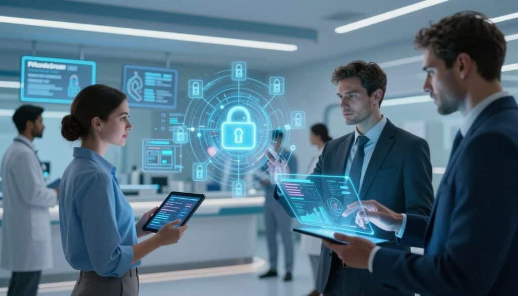 A futuristic healthcare environment showcasing data privacy and security. In the foreground, a diverse group of professionals in business attire - a woman holding a tablet displaying encrypted data and a man using a holographic interface showing data analytics. In the middle, digital representations of secure blockchain networks and data flow, symbolizing encrypted healthcare information. The background features a sleek modern hospital with digital screens displaying privacy protocols and security measures. Soft, ambient lighting casts a glow on the scene, creating a sense of innovation and trust. The atmosphere is serious yet hopeful, emphasizing the importance of safeguarding patient data in the advance of AI and blockchain technologies.