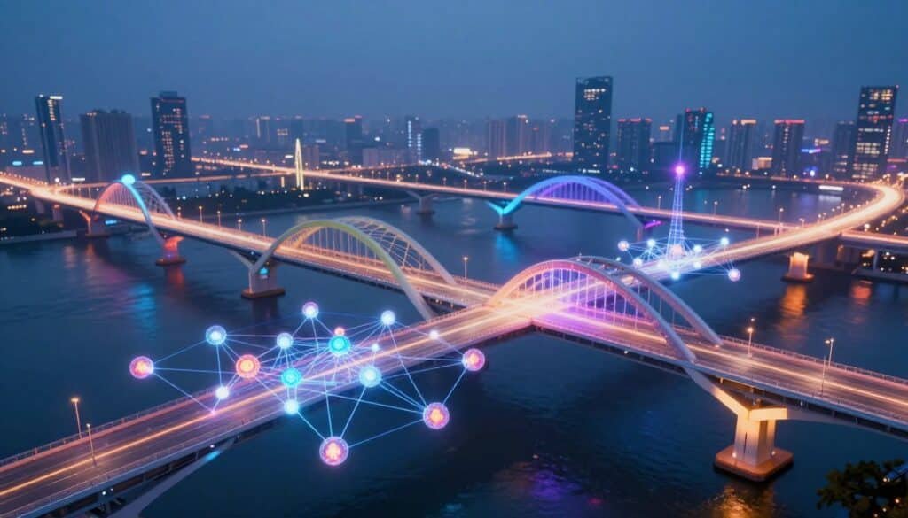 A futuristic landscape depicting a multi-chain ecosystem with stylized, interconnected bridges symbolizing cross-chain technology. In the foreground, visualize detailed digital representations of blockchain nodes, emanating vibrant light and connected by glowing pathways. In the middle ground, showcase sleek, modern bridges arching over and connecting different digital realms, each representing various blockchain networks—some showcasing distinctive colors and textures. The background should feature a vast digital skyline, illuminated by soft neon lights against a deep blue twilight, conveying a sense of innovation and collaboration. Include lens flare effects to enhance the lighting and give a dynamic feel to the scene. The atmosphere should be optimistic and energetic, reflecting the promising future of cross-chain interoperability.