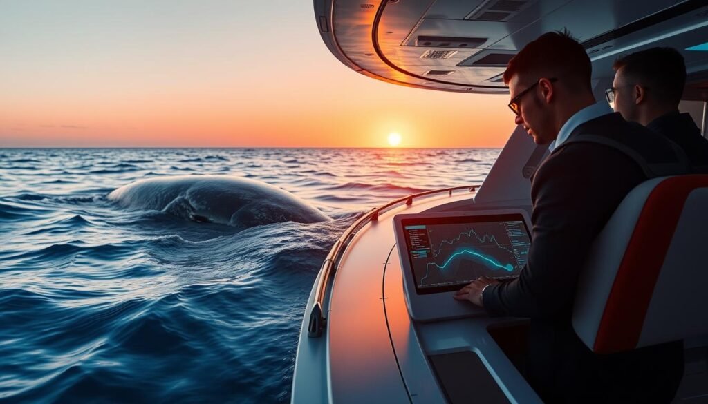 A futuristic marine scene depicting a team of researchers on a sleek boat using advanced technology to track the movement of large whales beneath the ocean's surface. In the foreground, two professionals in business attire focus intently on a high-tech laptop, analyzing real-time data and whale movements. The middle of the image showcases the gentle undulation of the ocean, with a partial view of a massive whale just below the water, its shadow visible in the clear blue depths. In the background, the sun sets on the horizon, casting a warm golden glow over the scene, enhancing the feeling of peaceful exploration. The overall atmosphere conveys a sense of innovation and discovery, highlighting the intersection of nature and technology in tracking marine life.