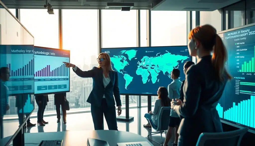 A futuristic office environment showcasing a diverse group of professionals analyzing cryptocurrency data on large, high-tech screens. In the foreground, a woman in smart business attire points at a dynamic chart illustrating methodology shifts with upward and downward trends in cryptocurrency adoption rates by country. The middle ground features a large digital map pinpointing different countries with bright indicators reflecting their ranking changes in 2025. In the background, floor-to-ceiling windows reveal a city skyline under soft, natural light, creating an inspiring and optimistic atmosphere. The image should convey a sense of innovation and collaboration in the financial technology sector, with a focus on data analytics and strategic planning.
