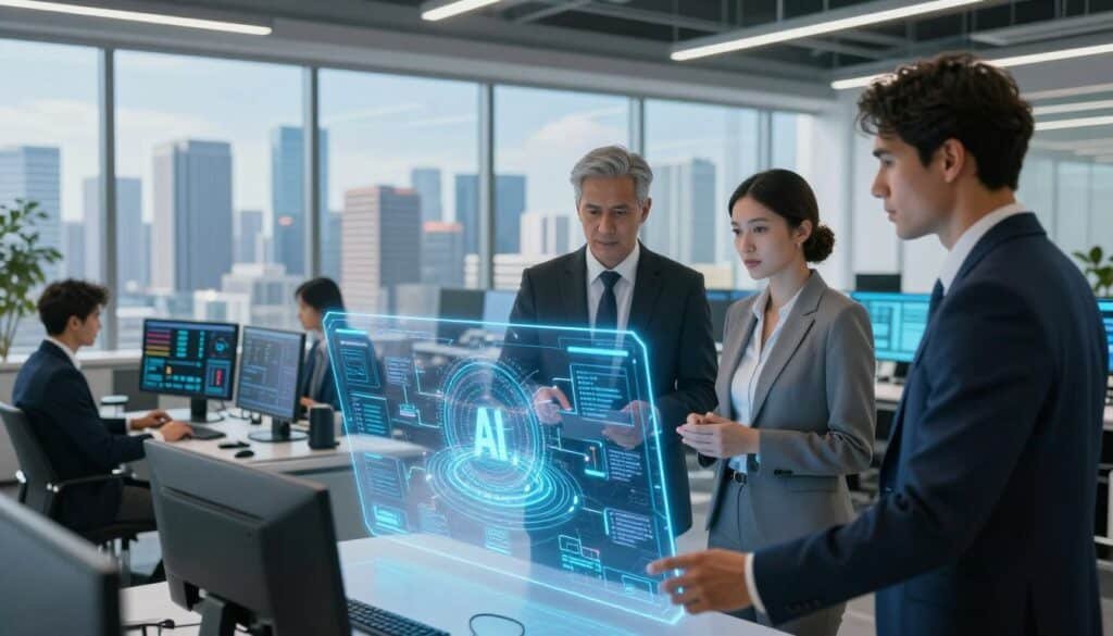 A futuristic office space showcasing a diverse team of professionals in business attire, analyzing digital blueprints of AI-powered smart contracts on large holographic displays. In the foreground, a mixed-gender group of three individuals, engaged in discussion, with a focus on a detailed digital interface depicting blockchain technology and smart contract workflows. The middle ground reveals computer workstations with high-tech devices and screens filled with data analytics. In the background, large windows reveal a city skyline under a clear blue sky, symbolizing growth and innovation. Soft, diffused lighting creates a productive atmosphere, while a slight lens flare adds a touch of modernity. The overall mood is dynamic, inspiring, and forward-thinking, reflecting a cutting-edge approach to technology.