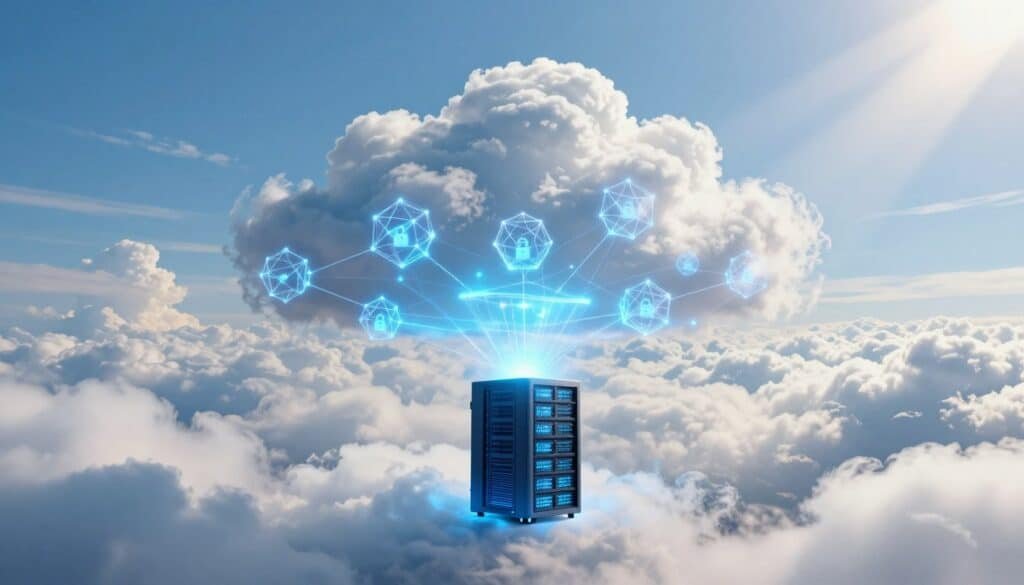 A futuristic representation of a cloud-based blockchain system, showcasing interconnected digital blocks floating in a vibrant sky. In the foreground, a sleek, modern server tower emits a soft blue glow, symbolizing powerful data processing. The middle layer features translucent blockchain nodes connected by glowing lines, representing secure data transmission and validation. In the background, a serene cloudscape with fluffy, white clouds contrasted by a bright azure sky creates an uplifting atmosphere. Golden rays of light filter through the clouds, hinting at innovation and growth. The overall mood is optimistic and forward-looking, emphasizing the transformative potential of Blockchain as a Service for businesses. The image should be well-lit with a balanced focus, ensuring clarity and depth.