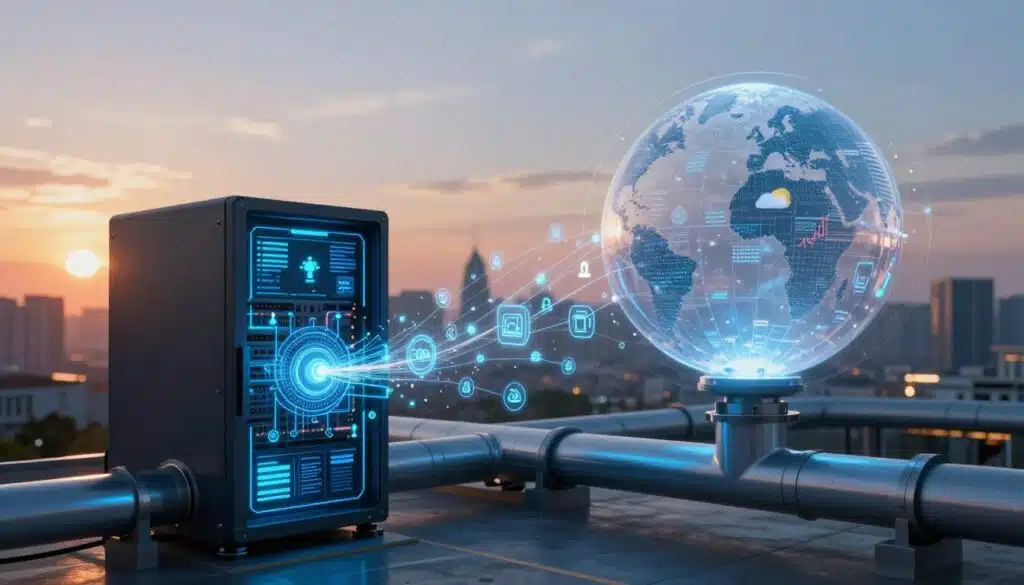 A futuristic scene depicting an oracle pipeline connecting a blockchain network to real-world data. In the foreground, a sleek, high-tech server with glowing interfaces represents the blockchain nodes. In the middle, luminous data streams and digital symbols flow from the server to a bright, transparent globe showcasing various real-world data sources like weather, finance, and IoT devices. The background features a city skyline at sunset, casting warm light and enhancing the contrast of the cool blue tones of the digital elements. Use a wide-angle lens to capture the entire scene, emphasizing depth. The atmosphere is innovative and dynamic, illustrating the seamless integration between technology and the physical world, evoking a sense of progress and reliability.