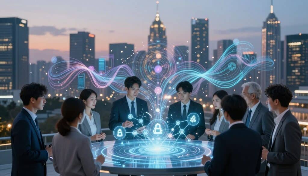 A futuristic scene depicting the fusion of AI and Web3 technologies to illustrate the future of decentralized AI. In the foreground, a diverse group of professionals in business attire collaborates around a holographic display showing interconnected nodes and blockchain symbols. The middle ground features abstract representations of data streams and algorithms merging seamlessly with digital art elements, embodying the concepts of decentralization and intelligence. The background showcases a modern city skyline at dusk, illuminated by soft, ambient lighting, with twinkling lights resembling a network. The atmosphere is one of innovation and collaboration, evoking a sense of optimism and technological advancement, captured with a wide-angle lens to accentuate the depth of the scene.