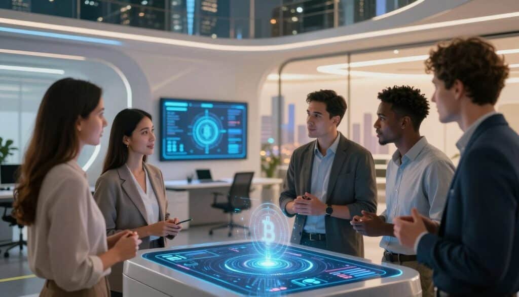 A futuristic scene showcasing Worldcoin as an AI biometric cryptocurrency concept. In the foreground, a diverse group of three professionals, including a woman and two men, dressed in smart casual attire, are engaged in discussion around a digital display featuring biometric data and cryptocurrency graphics, highlighting the integration of AI and blockchain technology. In the middle ground, a sleek, modern office with digital screens and holographic interfaces emphasizes innovation and engagement. In the background, a city skyline with advanced architecture and serene lighting creates a vibrant, optimistic atmosphere. Warm, ambient lighting enhances the futuristic theme, with soft focus on the background to draw attention to the professionals and digital displays, conveying a sense of collaboration and advancement in technology. A futuristic scene showcasing Worldcoin as an AI biometric cryptocurrency concept. In the foreground, a diverse group of three professionals, including a woman and two men, dressed in smart casual attire, are engaged in discussion around a digital display featuring biometric data and cryptocurrency graphics, highlighting the integration of AI and blockchain technology. In the middle ground, a sleek, modern office with digital screens and holographic interfaces emphasizes innovation and engagement. In the background, a city skyline with advanced architecture and serene lighting creates a vibrant, optimistic atmosphere. Warm, ambient lighting enhances the futuristic theme, with soft focus on the background to draw attention to the professionals and digital displays, conveying a sense of collaboration and advancement in technology.