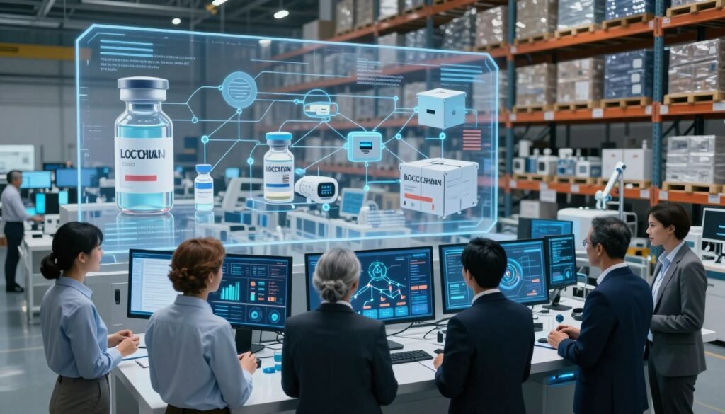 A futuristic supply chain management scene in a pharmaceutical and medical device context. Foreground: a diverse group of professionals in business attire, discussing and analyzing data on interactive displays that show blockchain technology charts and pharmaceutical logistics. Middle ground: a transparent supply chain visual, incorporating elements like medication vials, medical devices, and shipping boxes interconnected with digital lines suggesting blockchain networks. Background: a modern warehouse filled with organized shelving and advanced technology, with ambient lighting illuminating the space, creating a sense of efficiency and transparency. The atmosphere should be optimistic and innovative, emphasizing collaboration and technological advancement in healthcare. Wide-angle perspective to capture the entire setting effectively.