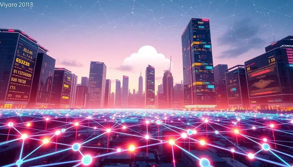 A futuristic urban landscape showcasing the concept of blockchain scalability. In the foreground, a vibrant network of interconnected nodes representing Layer 1 and Layer 2 solutions, with glowing data streams flowing seamlessly between them. In the middle ground, a modern city skyline with skyscrapers made of transparent screens displaying dynamic blockchain metrics, such as transaction speed and capacity. The background features a digital cloud, symbolizing connectivity and decentralization, under a twilight sky filled with stars, suggesting innovation and the future. Use soft, neon lighting to create a tech-savvy atmosphere, with a low-angle perspective to emphasize the height of the buildings and the depth of the network. The overall mood should be inspiring and forward-looking, illustrating the significance of scalability in blockchain technology.