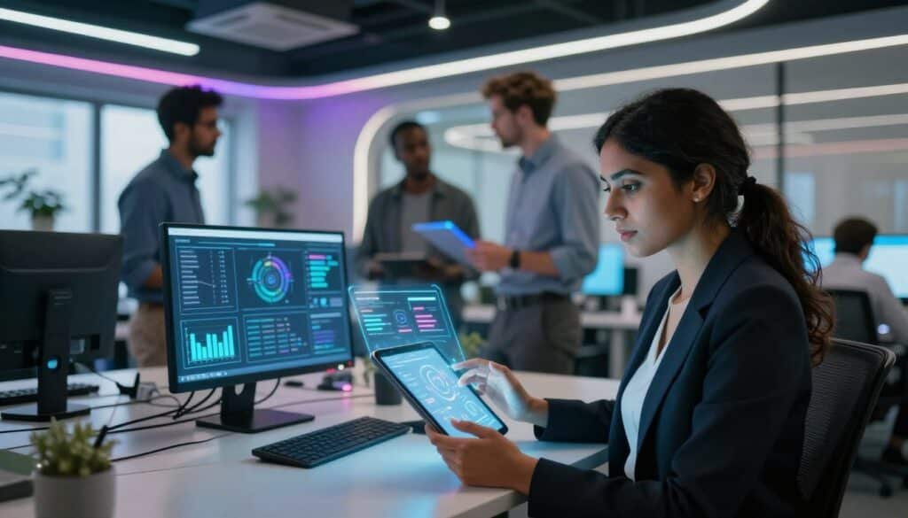A futuristic workspace featuring a diverse team of professionals collaborating on decentralized applications. In the foreground, a South Asian woman in business attire is using a high-tech tablet, analyzing projected data visualizations glowing in interactive holograms. In the middle, a diverse group of colleagues, including a Black man and a Caucasian man, are discussing ideas while surrounded by screens displaying real-time analytics and user interfaces. The background showcases an innovative office with sleek, modern design elements, colorful LED lights, and large windows for natural light. The mood is collaborative and inspiring, emphasizing innovation in technology. The scene is illuminated with soft, ambient lighting and sharp contrasts, reflecting a high-tech atmosphere that fosters creativity and connection among team members.