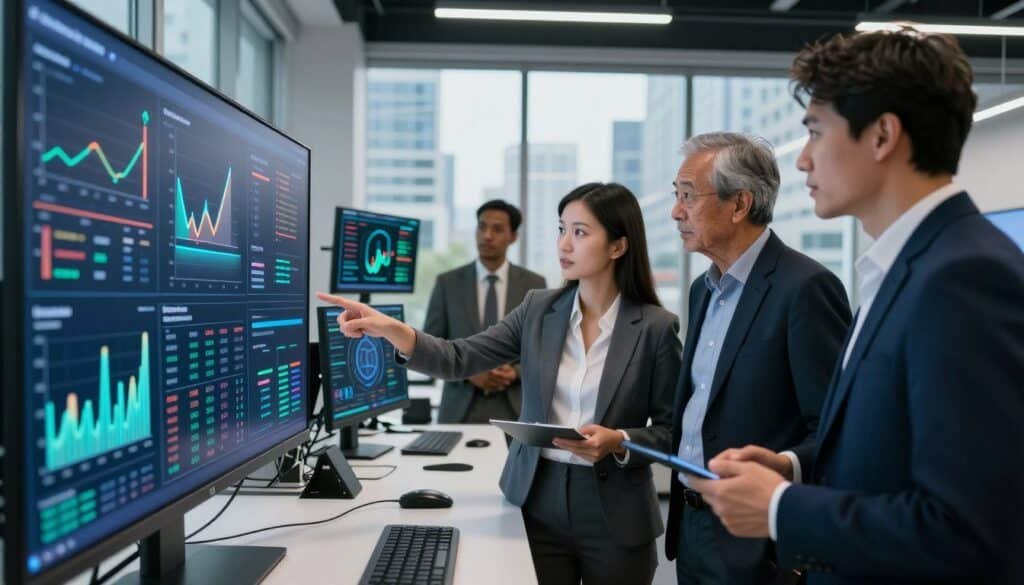 A group of four diverse professionals gathered around a large digital display showing complex graphs and data visualizations related to blockchain energy consumption. In the foreground, two individuals in smart business attire, a young woman analyzing data and an older man pointing at the screen, engaging in discussion. In the middle, a brightly lit room filled with high-tech equipment, monitors displaying energy trends, and blockchain-related imagery. In the background, large windows revealing a cityscape with an innovative feel, symbolizing a modern energy landscape. The lighting is bright and focused, creating an atmosphere of collaboration and urgency, capturing the critical essence of the core drivers behind blockchain energy consumption trends.