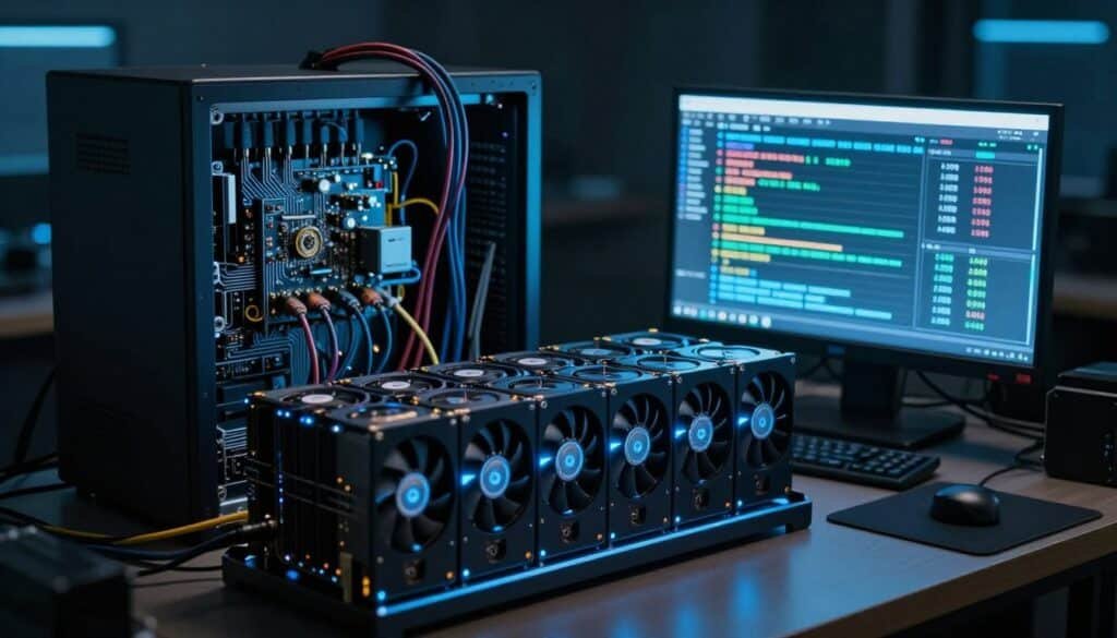 A high-tech cryptocurrency mining setup in a dimly lit, futuristic room. In the foreground, show a sleek computer rig with multiple GPU units, emitting a soft blue glow, indicating intense computational activity. In the middle ground, visualize a digital display screen showcasing the hashing process and statistics of block creation. In the background, depict an array of connected cables and a circuit board, highlighting the intricate technology involved in proof of work mining. Use dramatic lighting to cast shadows, creating a sense of urgency and focus. Capture the mood of innovation and the relentless pursuit of unlocking new blocks, emphasizing the hard work behind cryptocurrency mining.