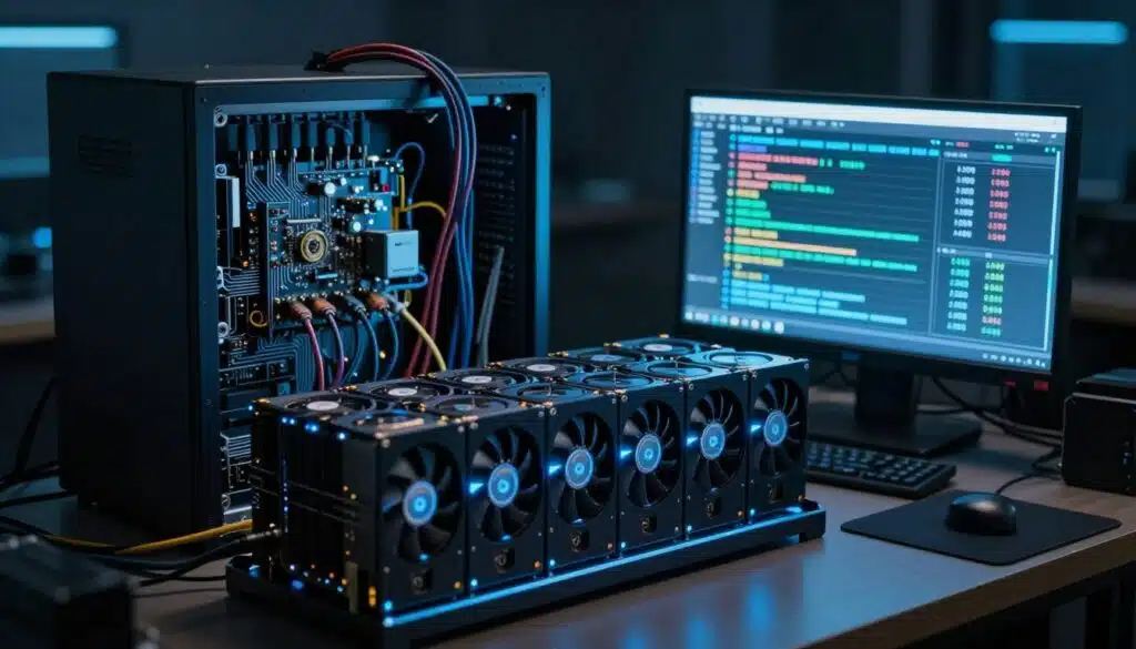 A high-tech cryptocurrency mining setup in a dimly lit, futuristic room. In the foreground, show a sleek computer rig with multiple GPU units, emitting a soft blue glow, indicating intense computational activity. In the middle ground, visualize a digital display screen showcasing the hashing process and statistics of block creation. In the background, depict an array of connected cables and a circuit board, highlighting the intricate technology involved in proof of work mining. Use dramatic lighting to cast shadows, creating a sense of urgency and focus. Capture the mood of innovation and the relentless pursuit of unlocking new blocks, emphasizing the hard work behind cryptocurrency mining.