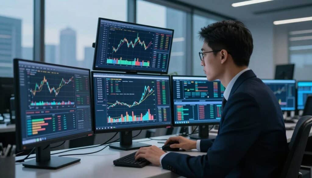 A high-tech trading environment focusing on market monitoring, featuring a sleek, modern office with multiple large screens displaying dynamic crypto market charts and data. In the foreground, a professional trader in business attire, intently analyzing the screens, with graphs and indicators illuminating his focused expression. The middle ground shows a digital interface filled with real-time statistics and trading algorithms, glowing softly against a dark backdrop, creating a contrast that emphasizes the data. In the background, cityscape windows are visible, with the faint outlines of skyscrapers under a twilight sky, suggesting the fast-paced nature of global markets. The overall mood is one of intensity and precision, conveying the speed and discipline integral to AI trading systems. The lighting is a blend of cool blue and sharp white, reflecting a tech-savvy atmosphere typical of modern trading floors. A high-tech trading environment focusing on market monitoring, featuring a sleek, modern office with multiple large screens displaying dynamic crypto market charts and data. In the foreground, a professional trader in business attire, intently analyzing the screens, with graphs and indicators illuminating his focused expression. The middle ground shows a digital interface filled with real-time statistics and trading algorithms, glowing softly against a dark backdrop, creating a contrast that emphasizes the data. In the background, cityscape windows are visible, with the faint outlines of skyscrapers under a twilight sky, suggesting the fast-paced nature of global markets. The overall mood is one of intensity and precision, conveying the speed and discipline integral to AI trading systems. The lighting is a blend of cool blue and sharp white, reflecting a tech-savvy atmosphere typical of modern trading floors.
